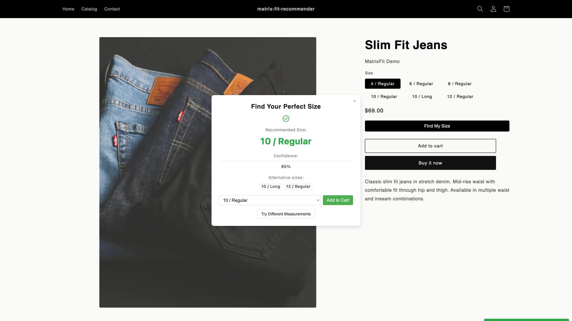 A Shopify product page for slim fit jeans with the MatrixFit size finder open, translating waist and inseam measurements into size 10 / Regular at 85% confidence